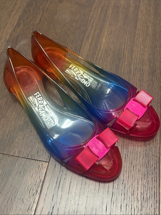 Salvatore Ferragamo Shoes - Salvatore Ferragamo Rainbow Multicolor Jelly Ballet Flats with Pink Bow Accent